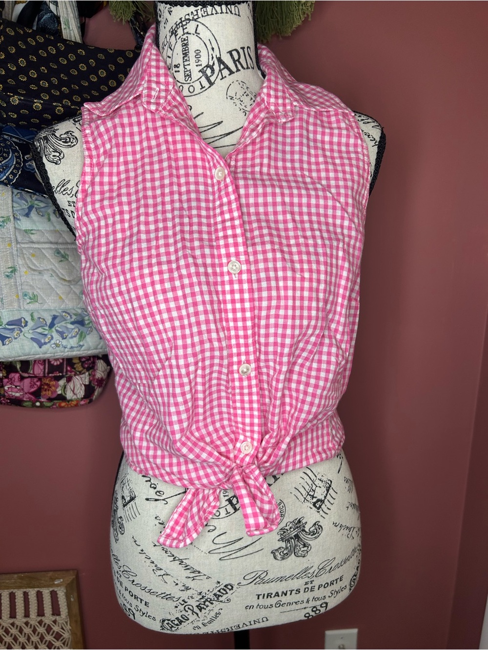 American Living Pink Gingham Tie-Front Sleeveless Button-Down